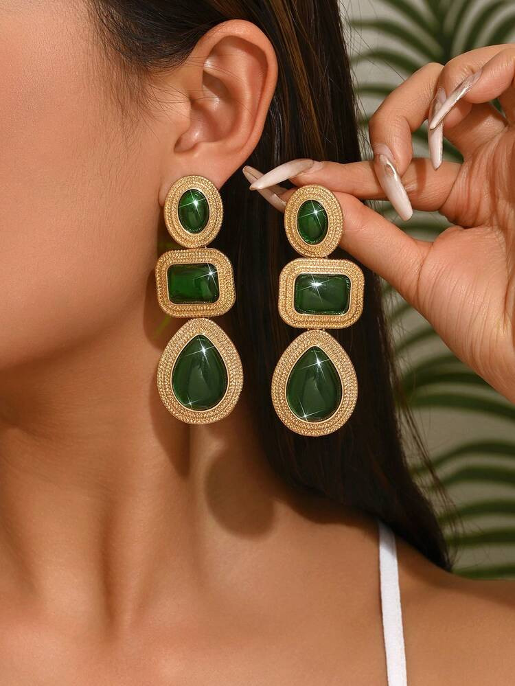 1 Pair Elegant Bohemian Style 3-Layer Geometric Pendant Earrings, Gold Tone With Green Color, Hig... | SHEIN