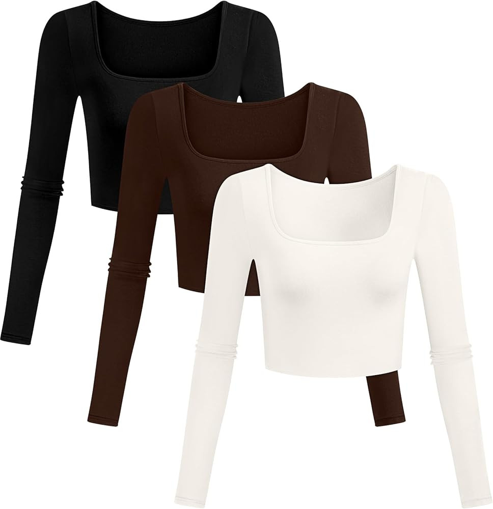 Riyiper 3 Pack Women's Long Sleeve Crop Tops, Square Neck Workout Cropped Tops Tight Fitted Shirt... | Amazon (US)