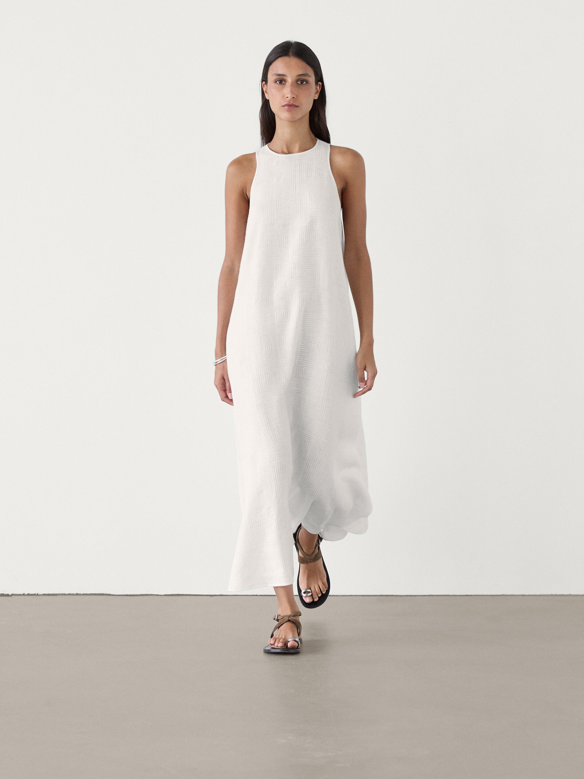 Flared linen midi dress with embroidery | Massimo Dutti UK