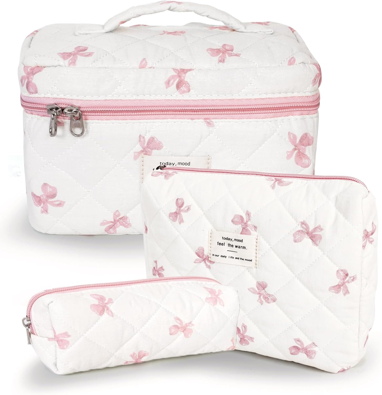 3Pcs Makeup Bag Cotton Quilted Travel Cosmetic Bag Cute Floral Makeup Pouch Large Toiletry Bag fo... | Amazon (US)