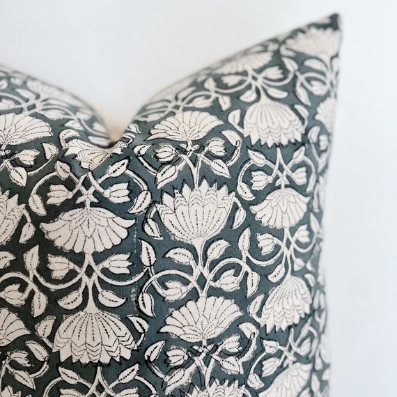 Floral Block Print Pillow Cover | Grey Green | Beige | Home Decor | 22 x 22 | 12 x 24 | Etsy (US)