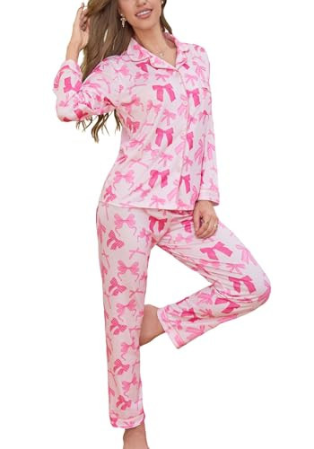 Pajamas for Women Set 2 Piece lounge sets Long Sleeve Button Down Loungewear Bow Print Sleepwear Soft Pj,Chest Pocket Pink XL | Amazon (US)