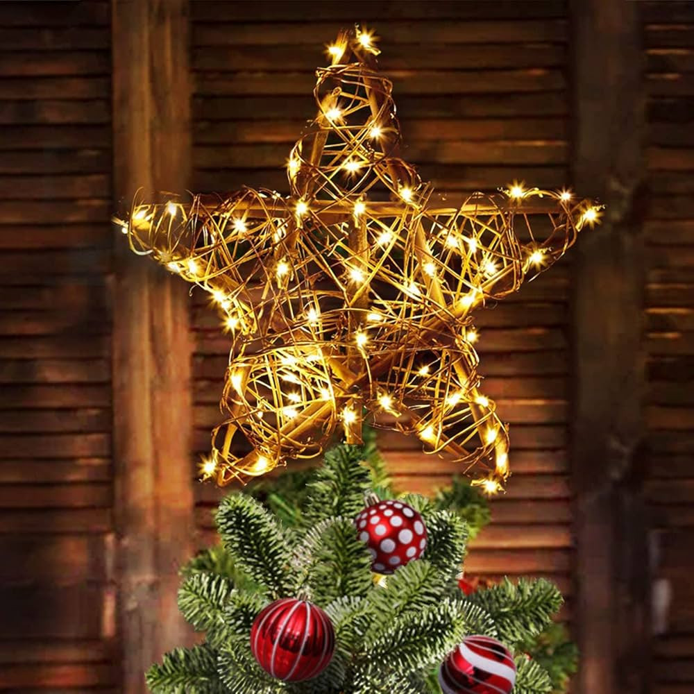 Star Christmas Tree Topper, Rattan Natural Christmas Tree Topper Lighted with 23Ft 30LED Warm Whi... | Amazon (US)