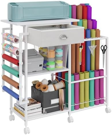 Rolling Craft Cart with Drawer & Hooks Storage Organizer for Cutting Machine, Wrapping Paper & Cr... | Amazon (US)