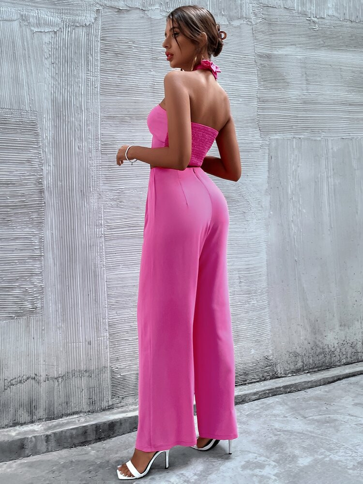 Shirred Low Back Halter Top & Wide Leg Pants Set | SHEIN