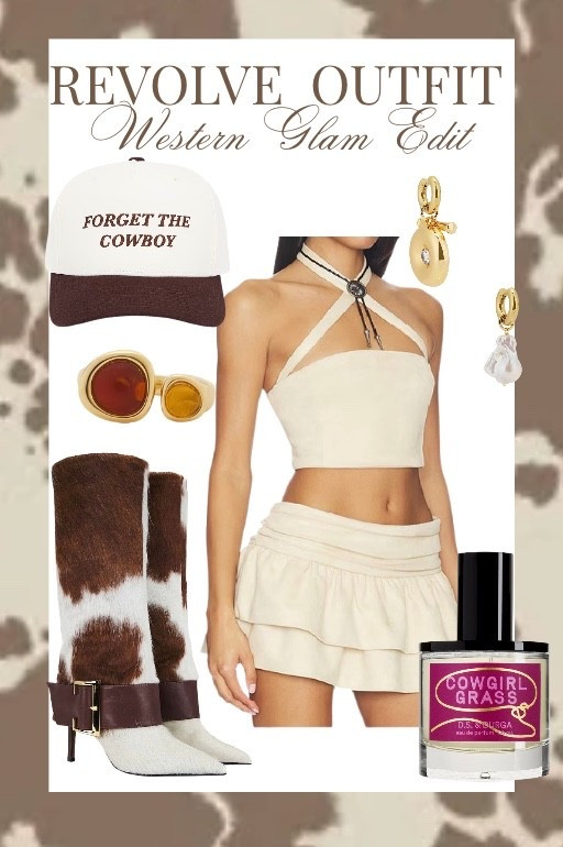Cream halter + flirty mini + cow print boots = the soft cowgirl edit we’re doing this season. The gold accents, amber sunnies, and that “Forget the Cowboy” hat give rich, effortless energy. Finished with Cowgirl Grass for that warm, spicy, main-character vibe.
#WesternGlam #CowgirlChic #RevolveStyle #SpringOutfit #NeutralAesthetic


#LTKSpringSale #LTKgrwm #LTKootd