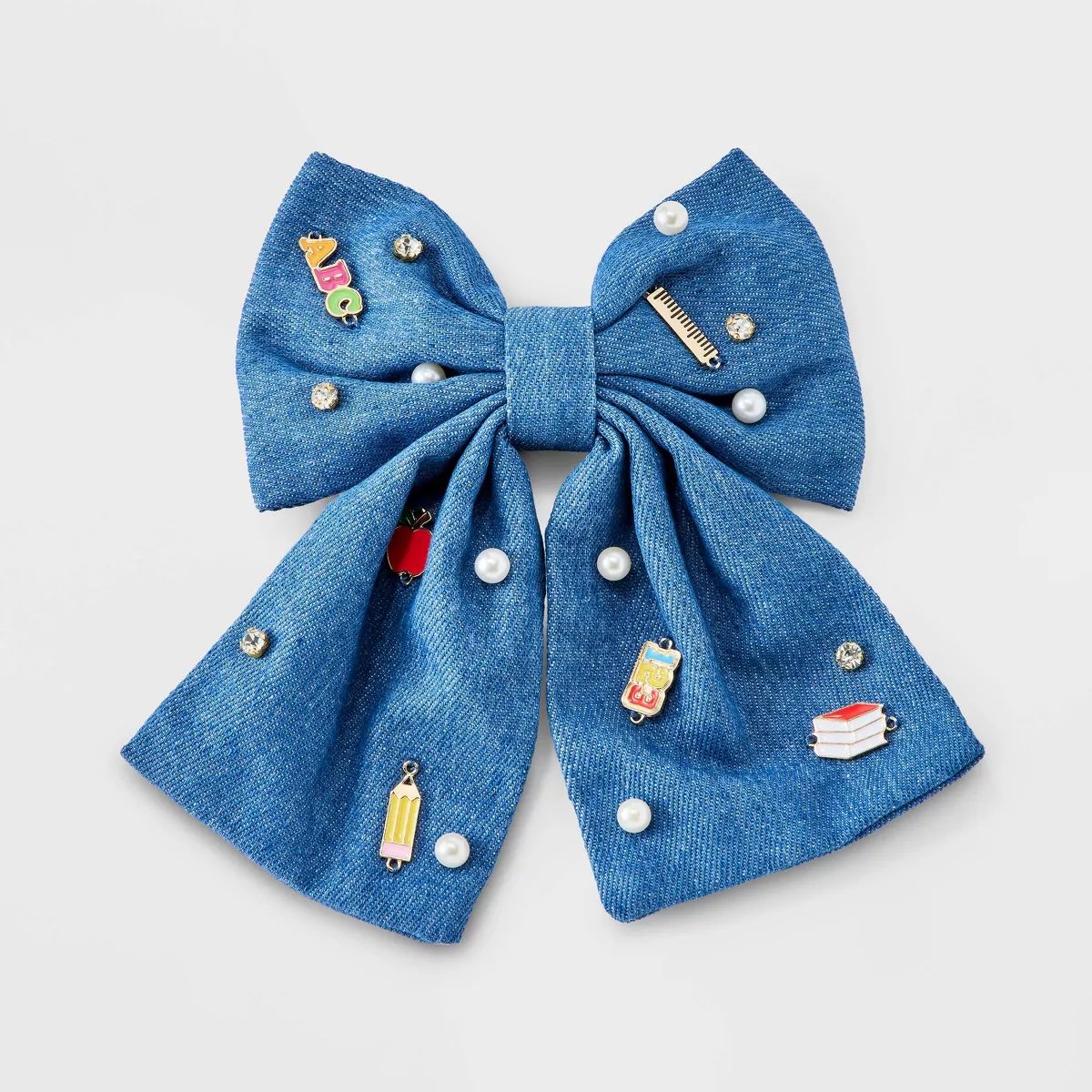 Back to School Icon Pearl Denim Bow Hair Clip - Blue | Target