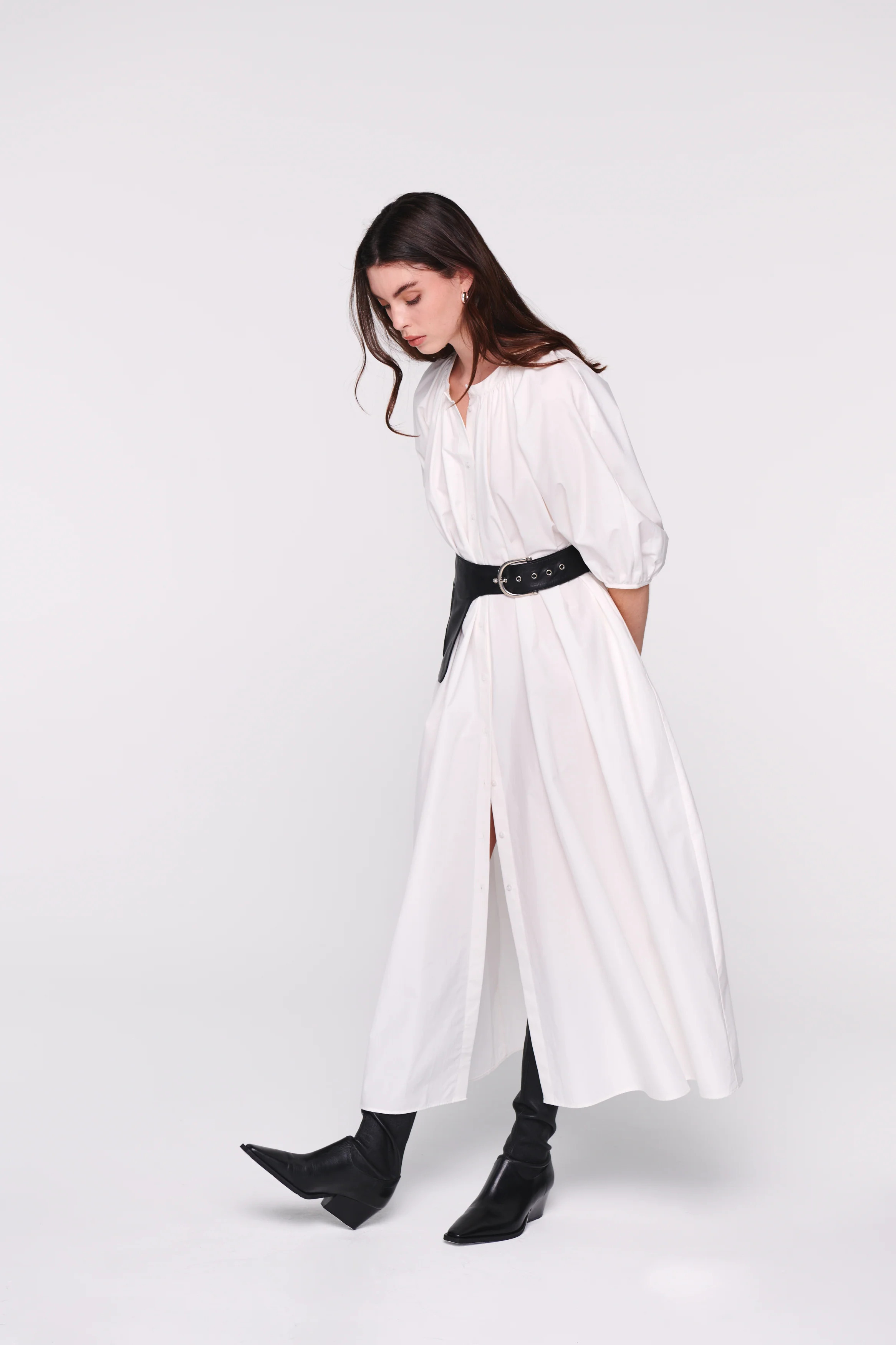 Hibiscus | Midi Dress with Button Volume Sleeve in White | ALIGNE | ALIGNE UK & EU
