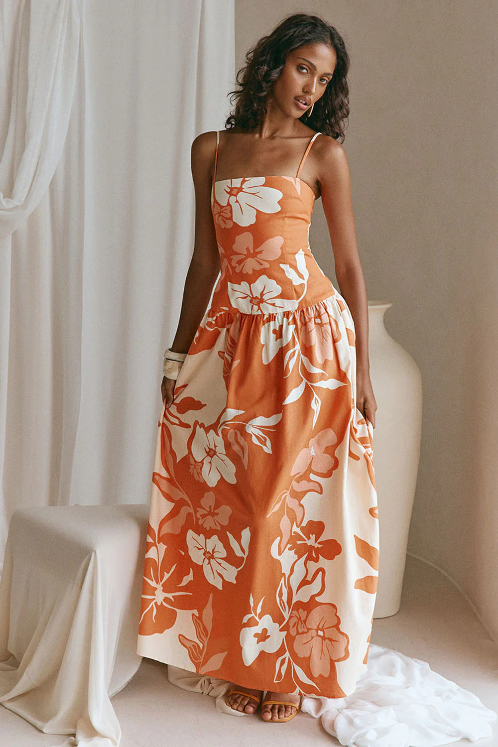 Orange Sunset Botanica Floral Print Linen Maxi Samia Dress | Sabo Skirt US