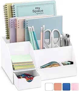 Office Desk Organizer, White Acrylic, with Drawer, 9 Compartments, All in One Office Supplies and... | Amazon (US)