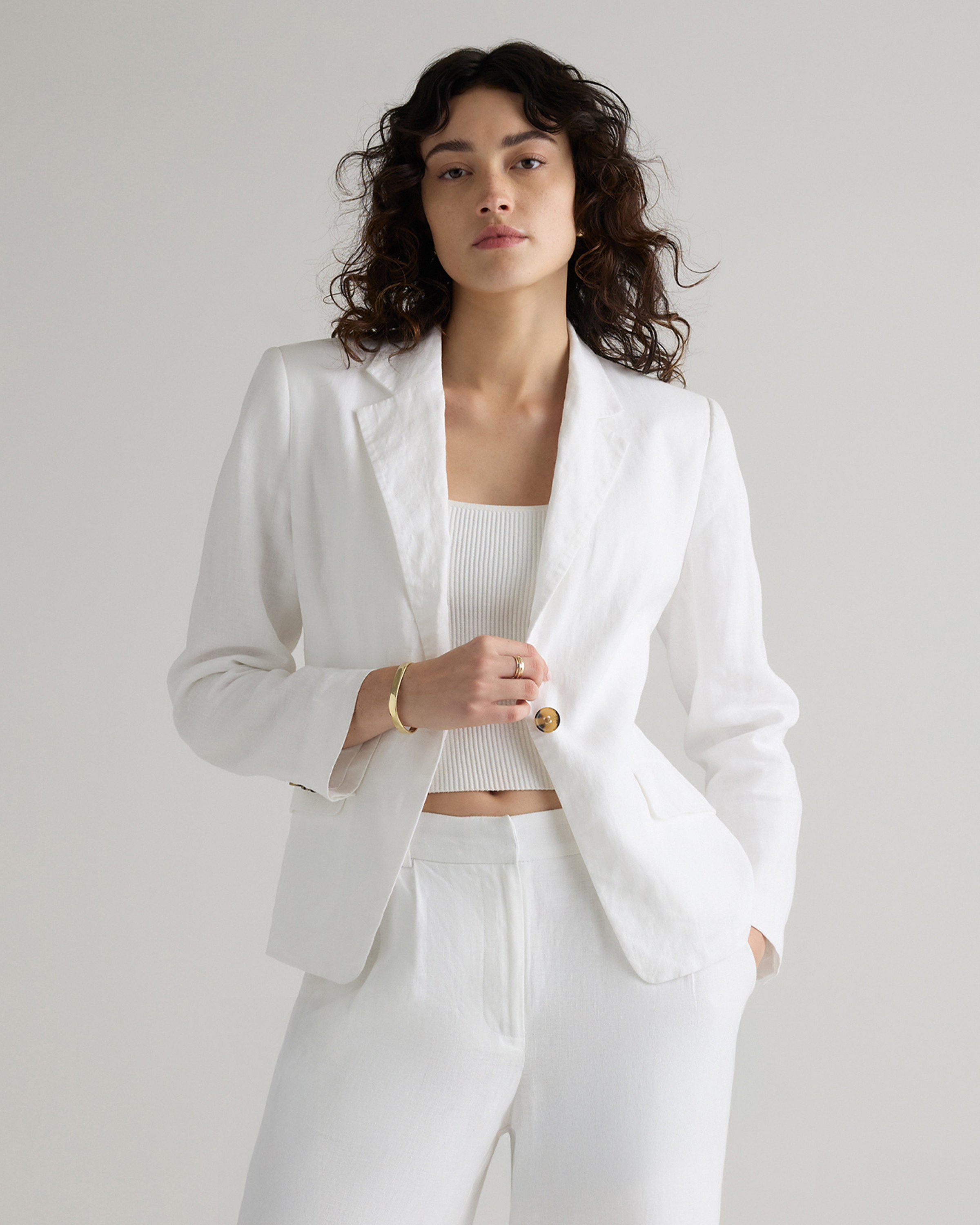 Quince | Women's 100% European Linen Structured Blazer in White, Size XL | Quince