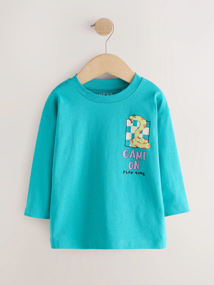 Teal Blue Snakes & Ladders Long Sleeve Back Graphic T-Shirt (3mths-10yrs) | Next US