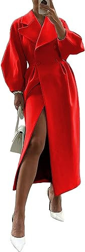 XSTH 2023 Women Double Breasted Lapel Pea Coats Ankle Length Solid Color Overcoat Lantern Sleeve Maxi Long Trench Coat Red Size M | Amazon (US)