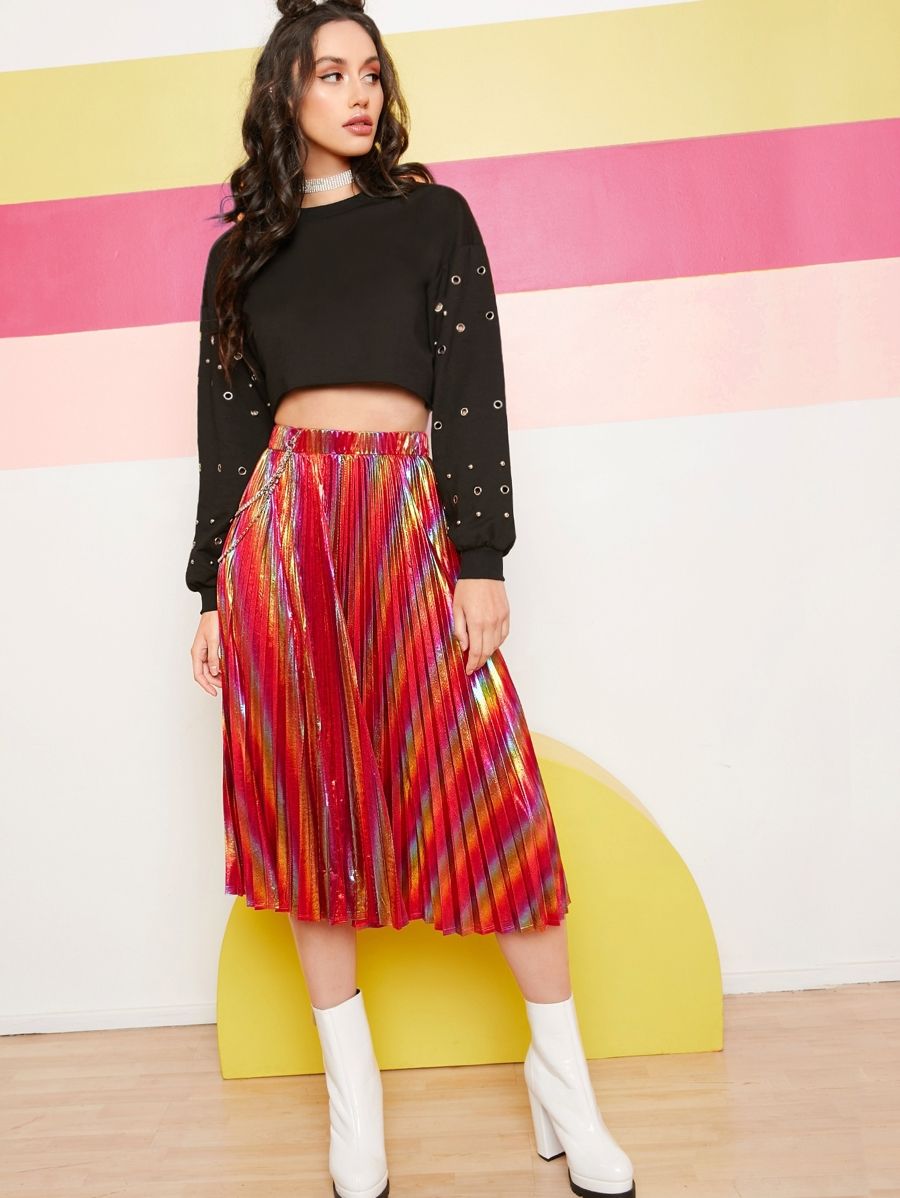 SHEIN Rainbow Metallic Pleated Skirt | SHEIN