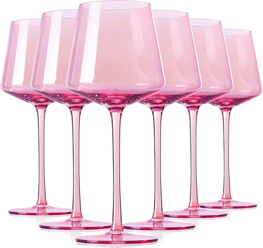 Physkoa Pink Wine Glasses Set 6-14Oz Modern Pink Wine Glasses With Tall Long Stem and Flat Bottom... | Amazon (US)