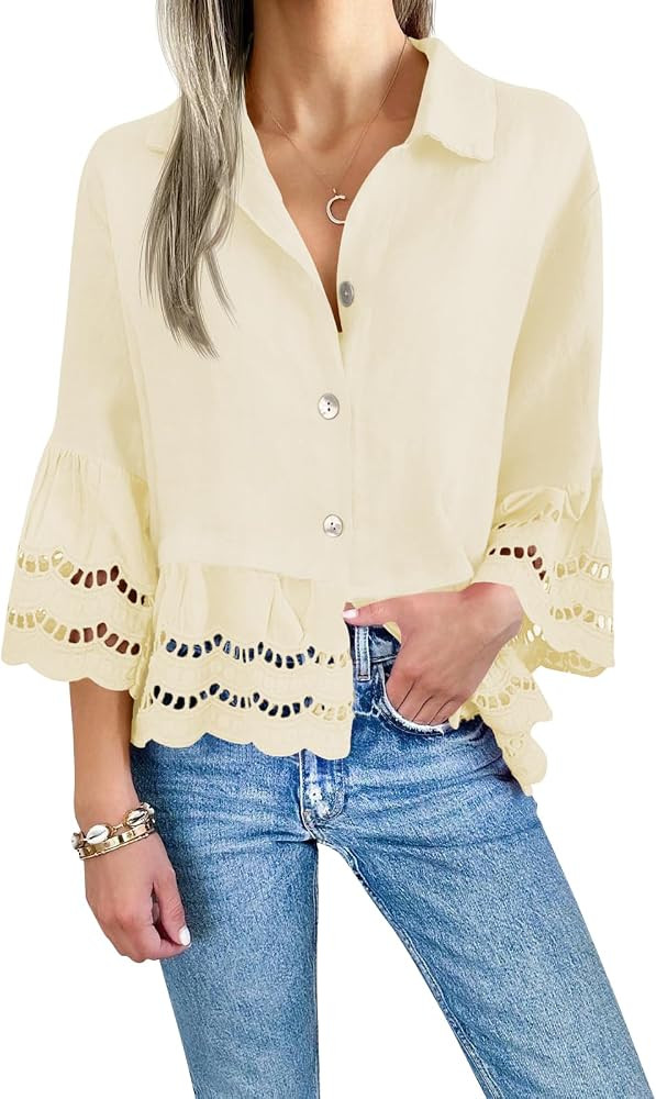 Cicy Bell Womens 3/4 Bell Sleeve Button Down Shirts Casual Ruffle Hem Tops Eyelet Blouse | Amazon (US)