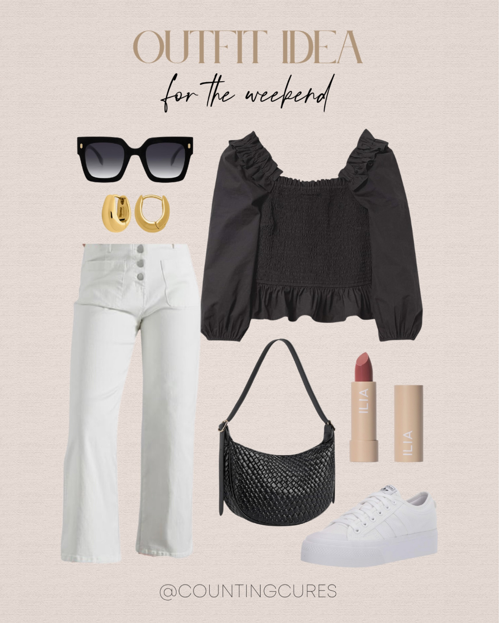 Enjoy your summer weekend with this chic all-black outfit idea from Amazon: long-sleeve ruffled smocked blouse paired with white high-waisted jeans, woven black shoulder bag, white sneakers, and more!
#summerfashion #affordablefinds #casualoutfit #onthegolook

#LTKStyleTip #LTKSeasonal #LTKItBag