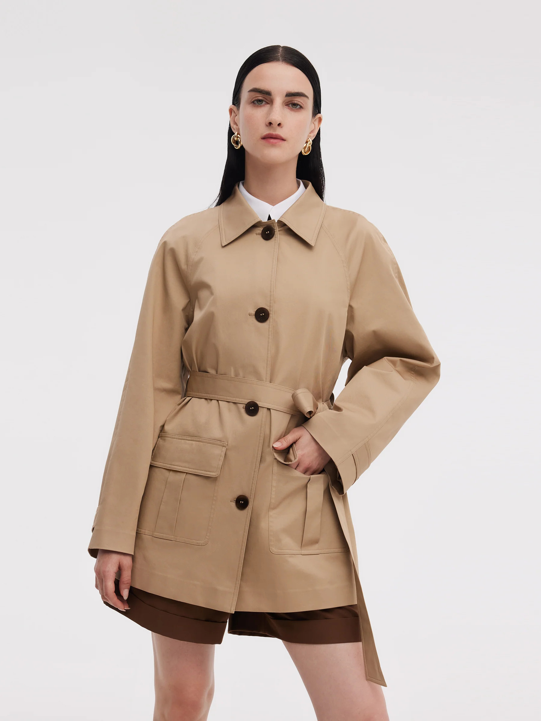 Cotton Adjustable Cuffs Self-Tie Belt Women Trench Coat | GOELIA
