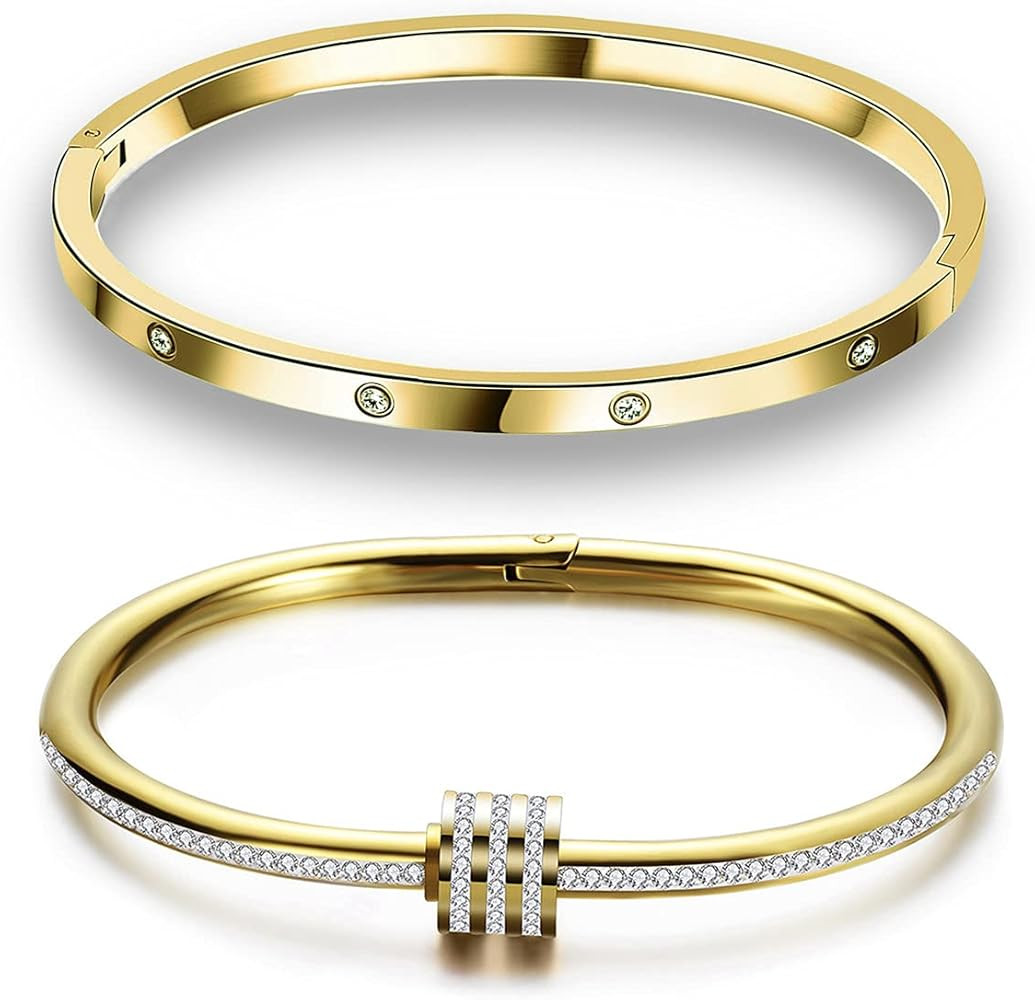 Gold/Rose/White Gold Plated Friendship Bracelet Personality Stackable Stainless Steel Bangle with... | Amazon (US)