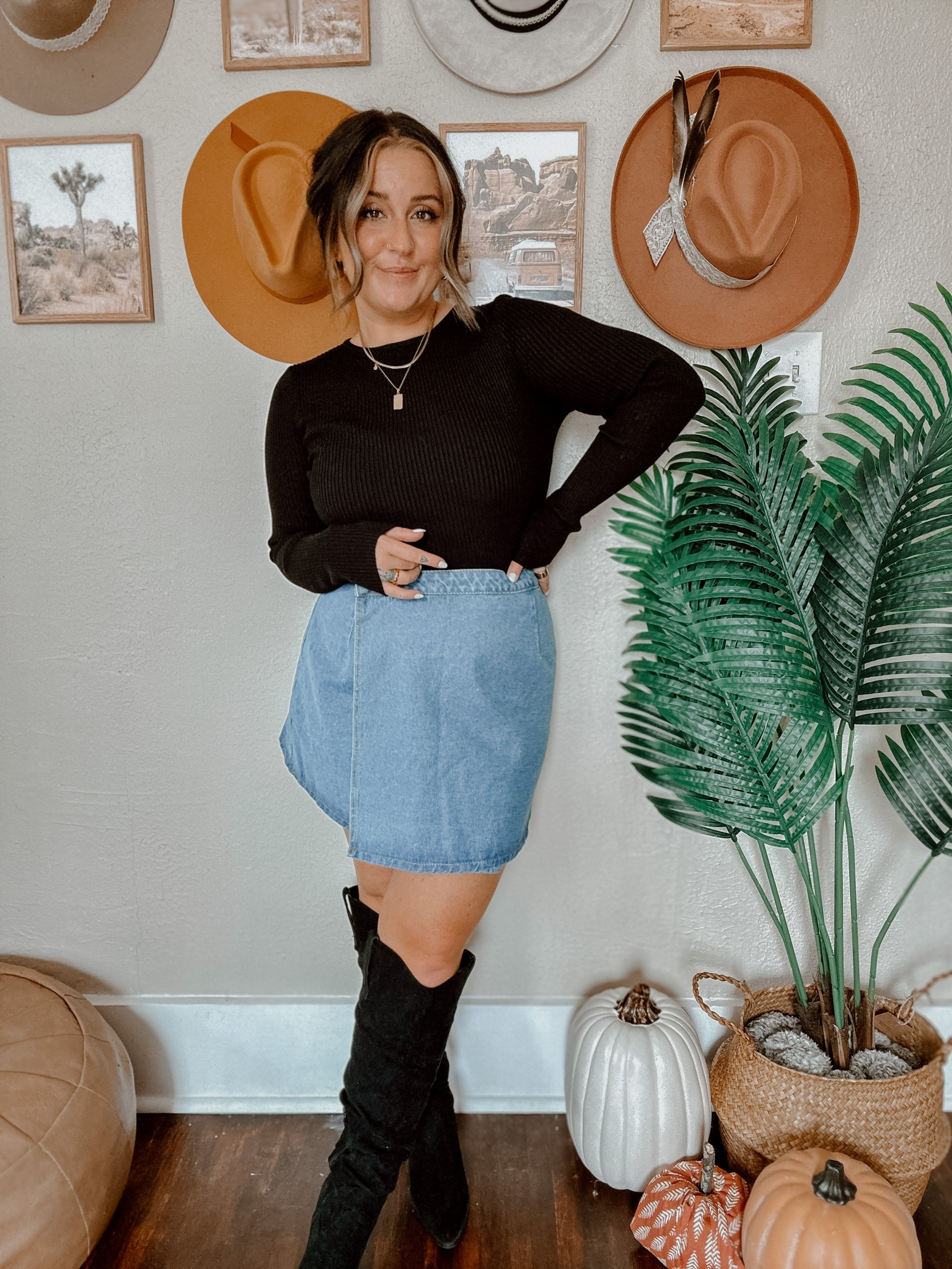 Denim skirt outfit. Going out fall outfit. Everything fits TTS. Denim skirt outfit idea. 

#LTKSeasonal #LTKstyletip #LTKCon