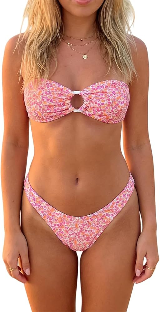 Women Floral Bandeau Bikini Set O Ring Strapless Tie Back Bikini Top High Cut Cheeky Thong Bathin... | Amazon (US)