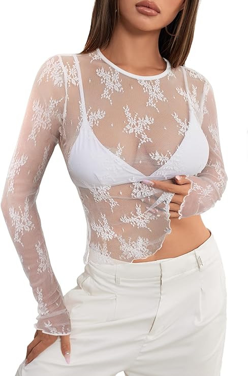 MEROKEETY Womens 2026 Long Sleeve Lace Sheer Mesh Tops Undershirt Sexy See Through Going Out Crew... | Amazon (US)