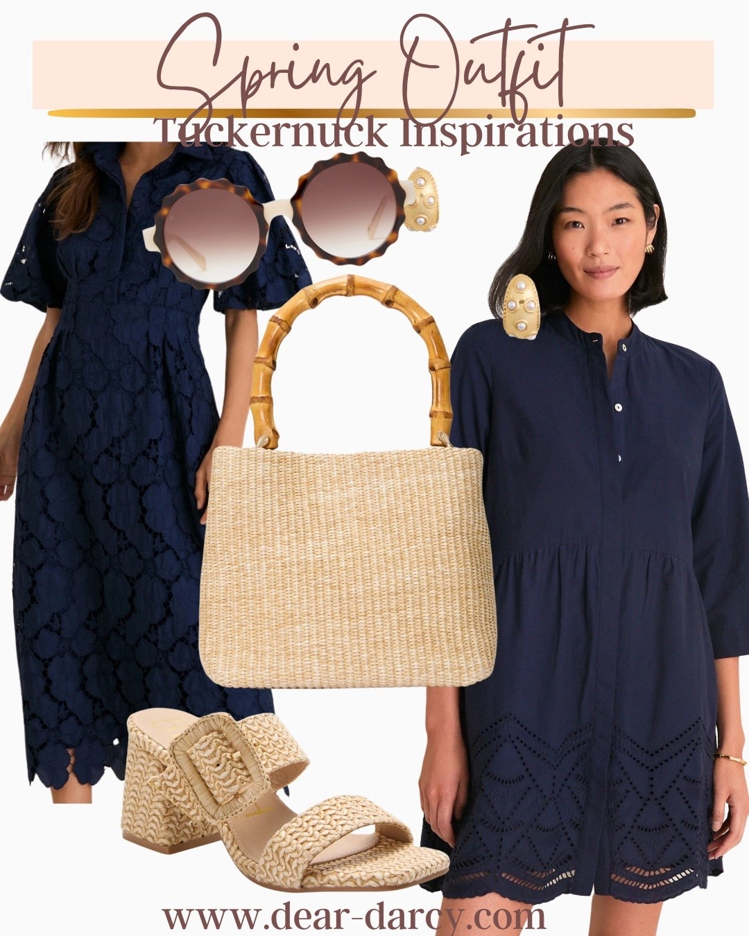 Spring Social season outfit inspiration Tuckernuck finds.

Perfect for all your Spring dress needs… these two Navy lace styles are classic and perfect whether you like knee air ankle length dresses. 
Beautiful for , showers, graduations, garden party, Mother’s Day and even brunch 

Paired with straw/ratten accessories makes it the perfect Spring Dresses 

Ratten and straw with bamboo handle bag paired with block heel and buckle detail sandals affordable under $69 

Scallop rim framed sunglasses 
And pretty gold and petal earrings 


#LTKOver40 #LTKgrwm