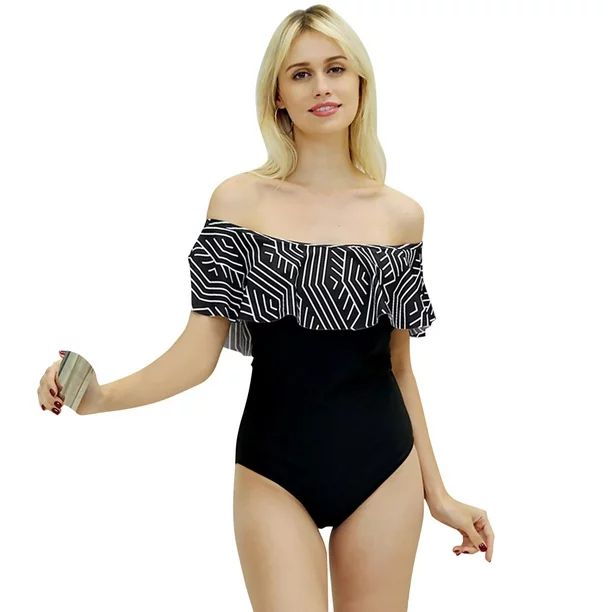 Women One Piece Vintage Printed Off Shoulder Flounce Ruffled Swimwear Swimsuits - Walmart.com | Walmart (US)