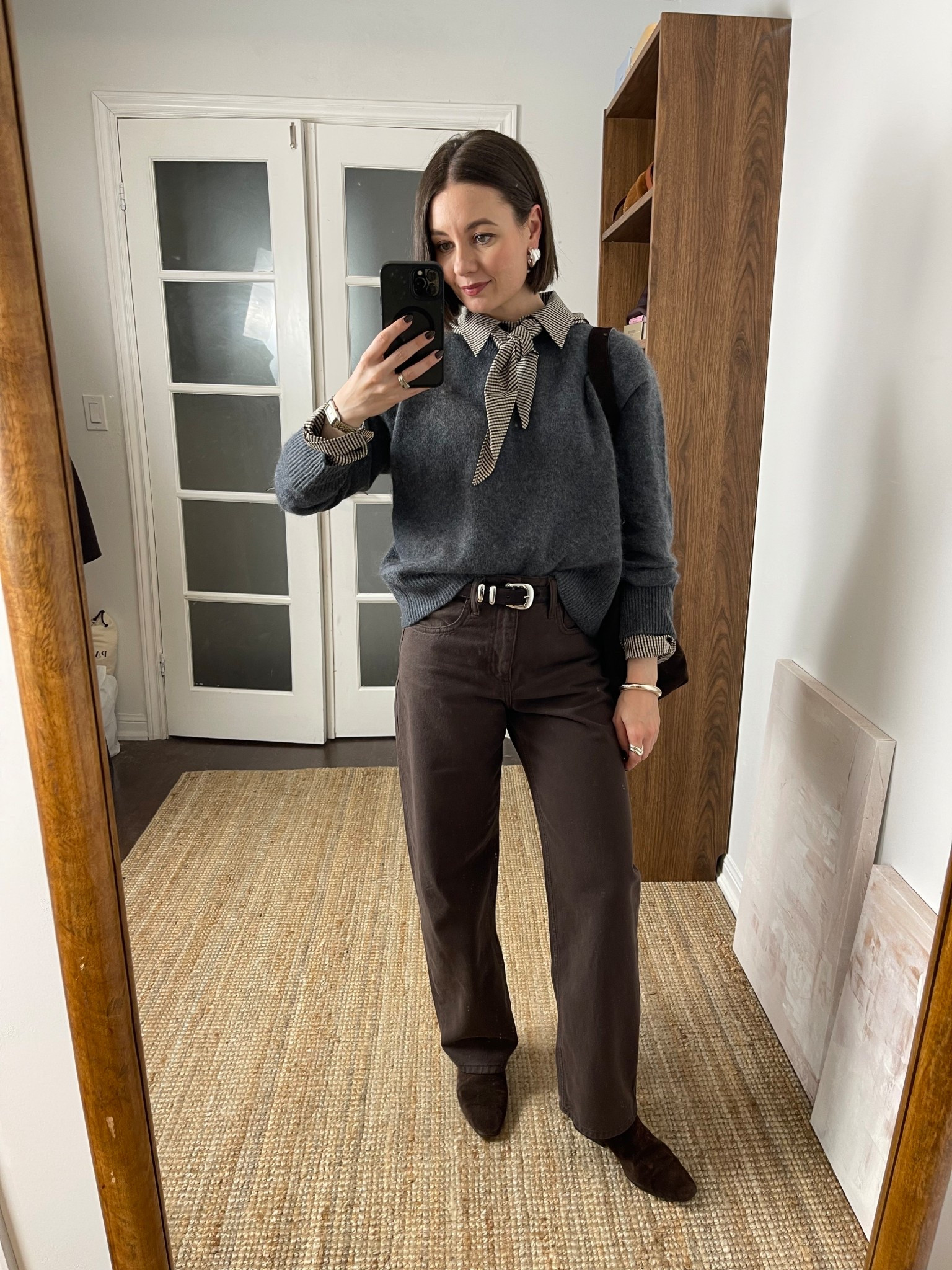 Scarf shirt (4), brown jeans, grey sweater (xs), suede boots

#LTKStyleTip #LTKSeasonal