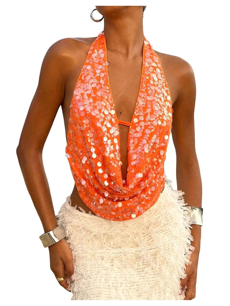 SOLY HUX Women's Sequin Glitter Halter Crop Tank Top Sparkly Backless Deep Cowl Neck Going Out Ve... | Amazon (US)