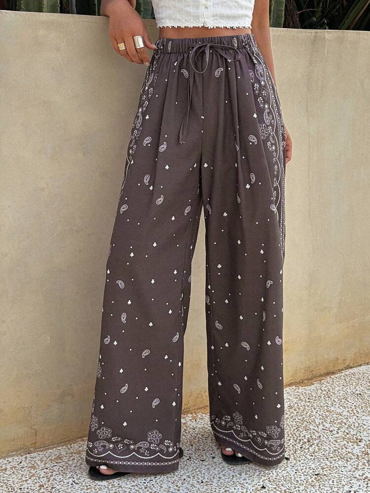 DAZY Floral Print Loose Wide Leg Pants With Elastic Waist And Drawstring, Casual Holiday Wear For... | SHEIN