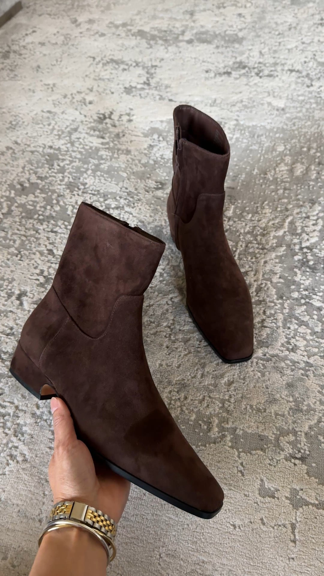 Winter outfit  Good boots / booties to wear with ankle length or cropped jeans or pants. Slim shaft works well under pants and doesn’t show skin so you have a clean line. Soft suede. Flexible sole and walkable heel. True to size for me. I love the chocolate brown color. Also comes in other pretty neutrals. 


#LTKFindsUnder100 #LTKOver40 #LTKSaleAlert