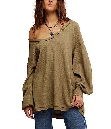 Free People We The Free Coast 2 Coast Scooped Neck Long Sleeve Waffle Knit Thermal - M | Dillard's