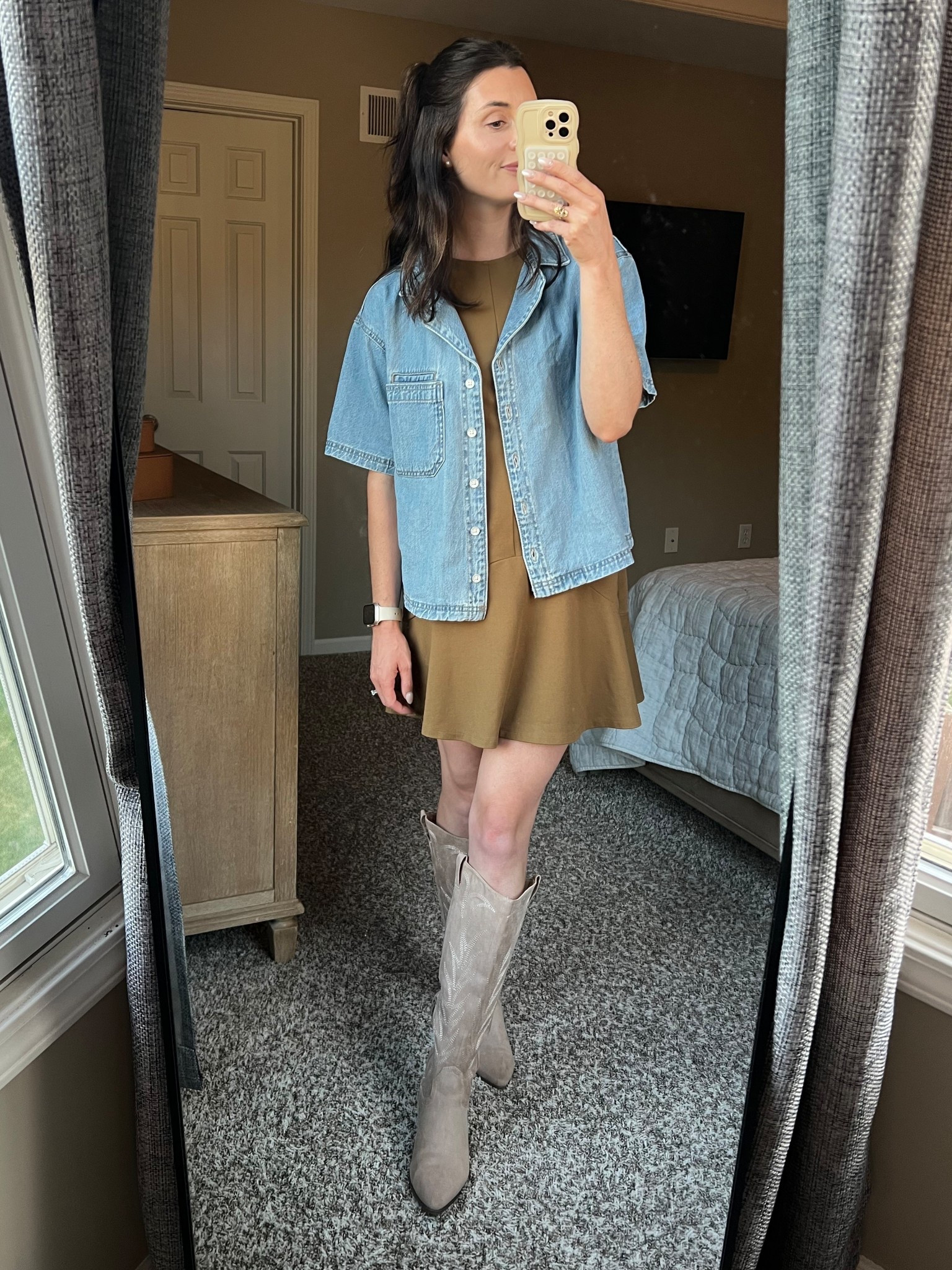 Western Work Outfit; Top is oversized, making it easy to layer. Dress is sleeveless. Boots are old but linked similar  Top: Small Dress: Small Boots: 6.5

#LTKSeasonal #LTKWorkwear #LTKStyleTip
