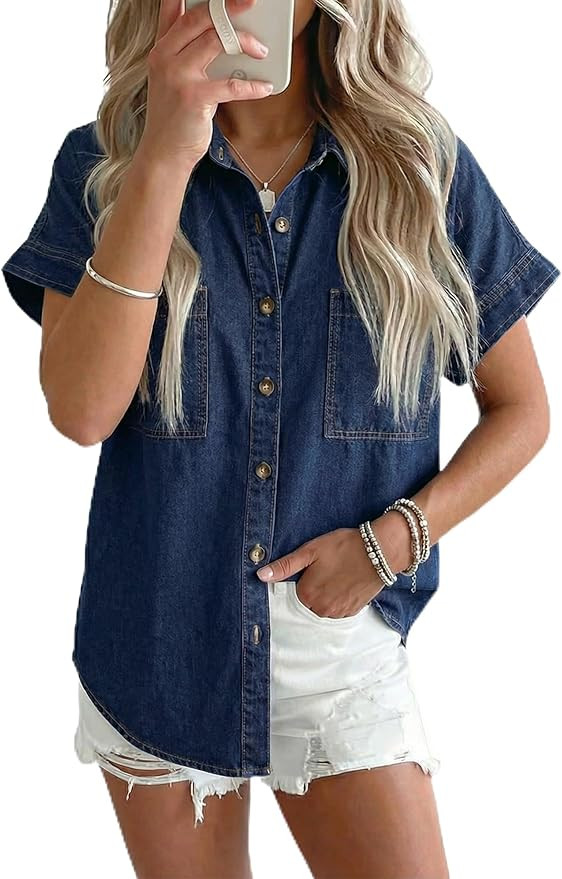 Sidefeel Women's Button Down Denim Shirt Collared Short Sleeve Jean Shirt Blouse with Pockets | Amazon (US)