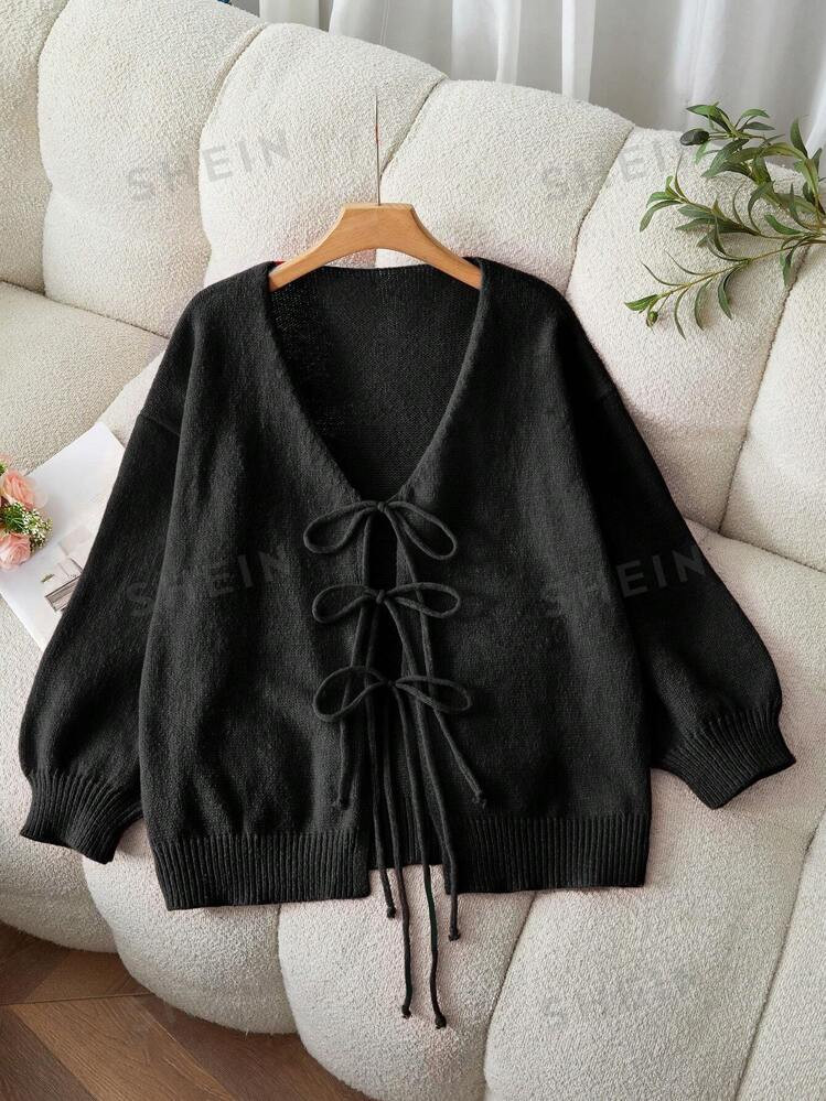 SHEIN EZwear Plus Size New V-Neck Tie Front Casual Long Sleeve Cardigan | SHEIN USA | SHEIN