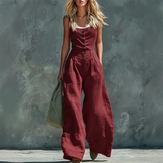Women's Solid Color 100% Polyester Wide Leg Jumpsuit, High Waisted Button Front, Comfortable Casu... | Walmart (US)