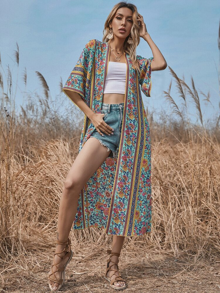 Floral Open Front Longline Kimono | SHEIN