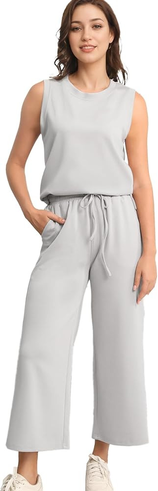 Womens 2 Piece Outfits Sleeveless Tunic Tank Top Drawstring High Waist Wide Leg Pants Lounge Sets... | Amazon (US)