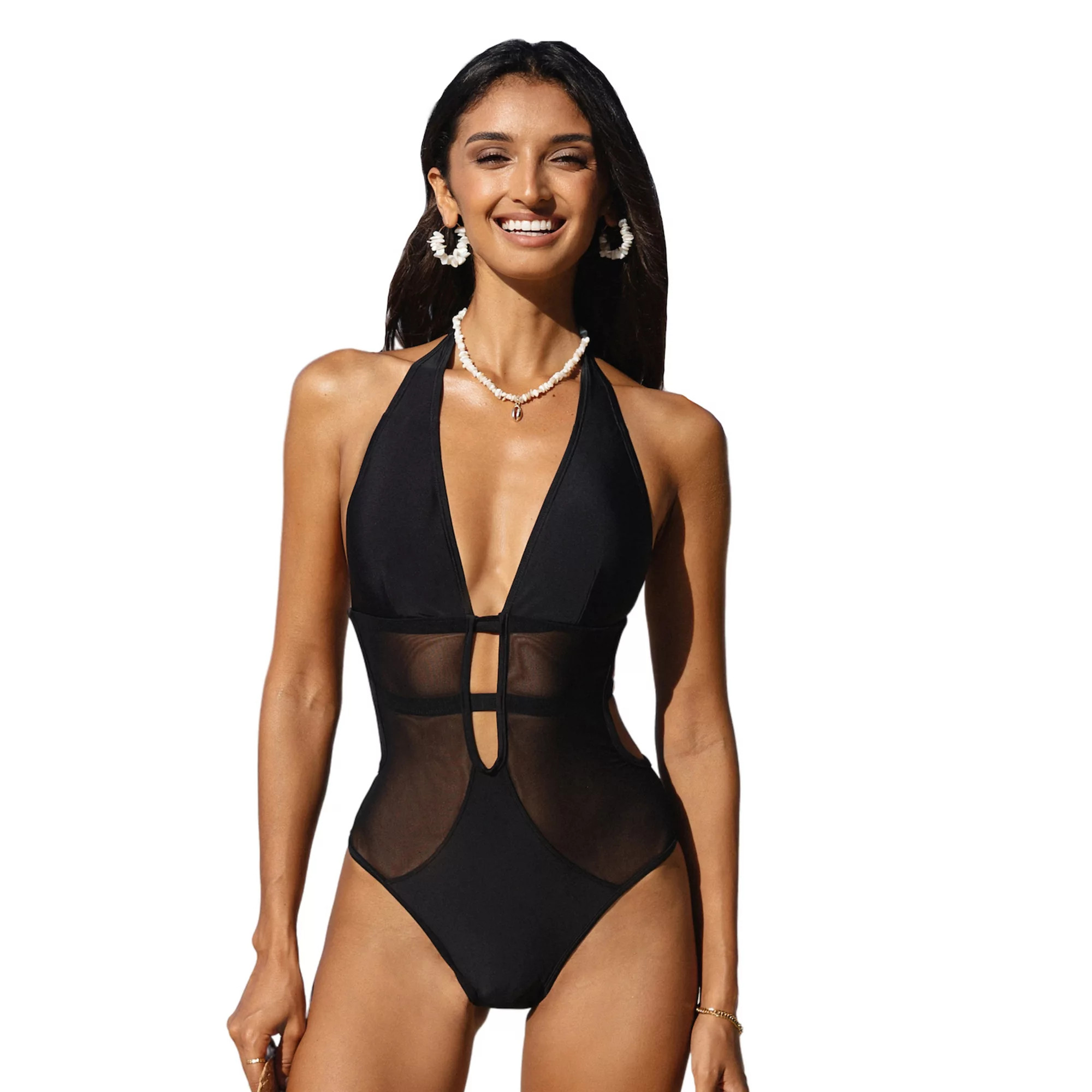 Women's Cupshe Mesh Detailed Plunging Halter Neck One-Piece Swimsuit | Kohl's