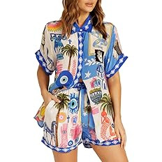 Women's Summer 2 Piece Shorts Set Button Down Short Sleeve Shirt Drawstring Shorts Beach Casual T... | Amazon (US)
