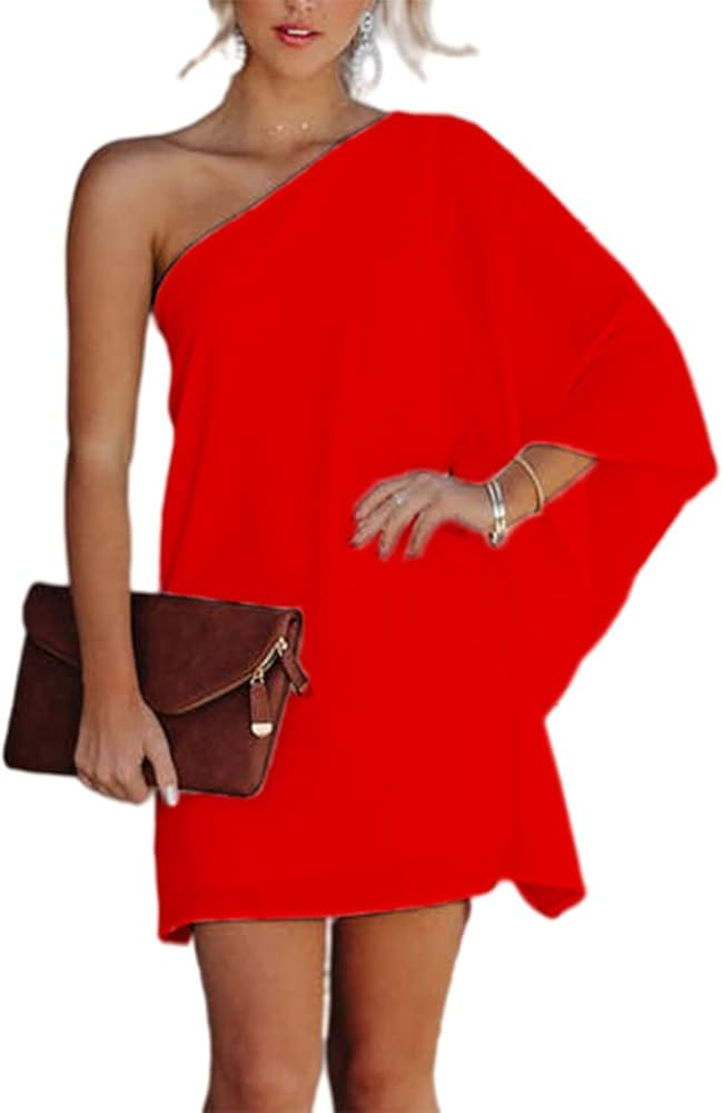 BerryGo Women's One Shoulder Batwing Cape Mini Dress Leopard Colorblock Loose Casual Party Dress | Amazon (US)