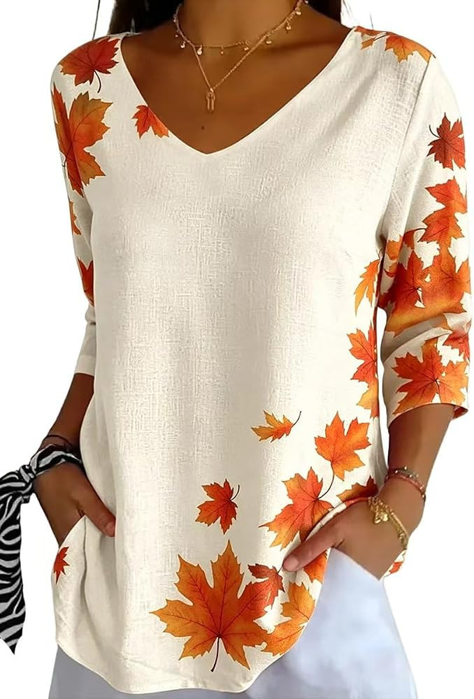 Vircreate Womens 3/4 Sleeve V Neck Halloween T-Shirts Thanksgiving Pumpkin Fall Graphic Tee Tops | Amazon (US)