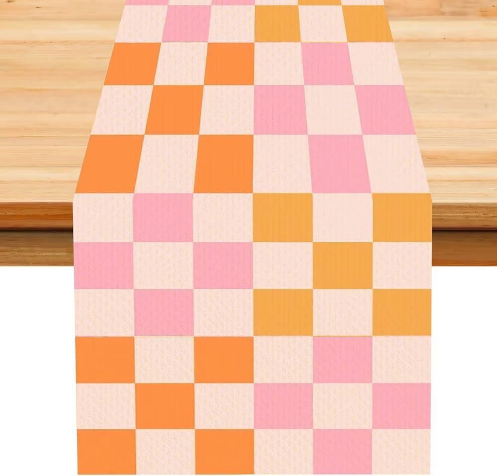70s Groovy Hippie Table Runner,Vintage Geometric Square Grid Orange Pink 1960s 1970s Retro Countr... | Amazon (US)
