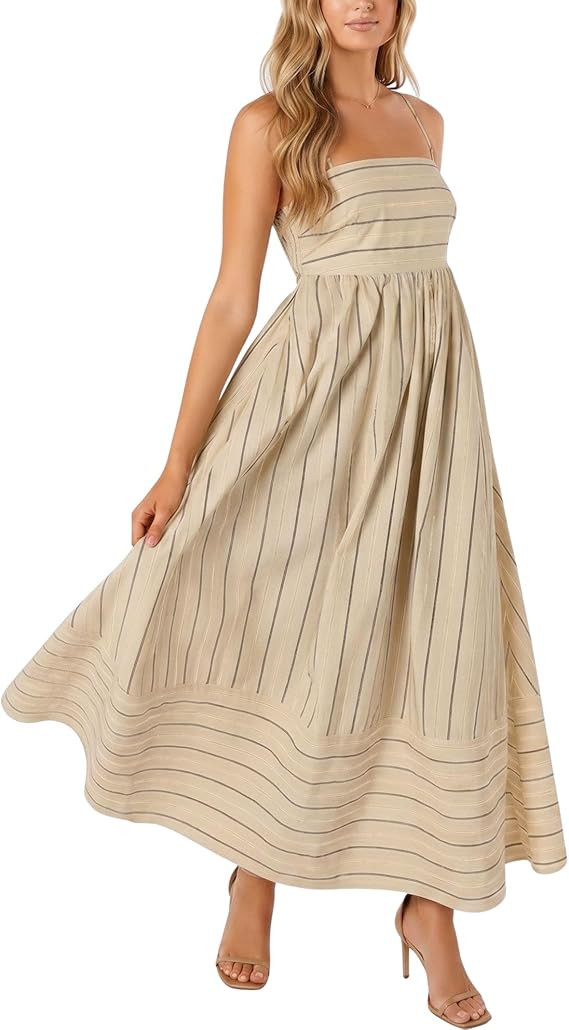 chouyatou Women's Striped Back Smocked Maxi Dress Sexy Spaghetti Strap Cut Out Flowy Swing Long D... | Amazon (US)