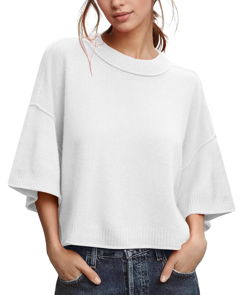 ZDC Women's Oversized Sweaters Summer 3/4 Sleeve Casual Cropped Tops Lightweight Loose Fit Knit P... | Amazon (US)