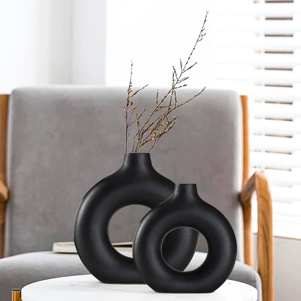 Black Ceramic Vase for Modern Home Decor,Round Matte Pampas Flower Vases Minimalist Nordic Boho I... | Amazon (US)