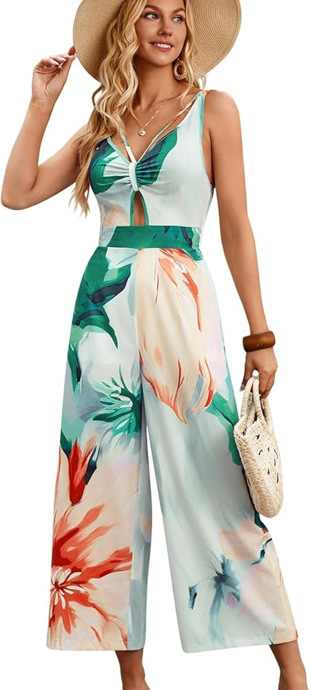 Velius Women's V Neck Keyhole Elegant Backless Tropical Floral Print Wide Leg Jumpsuit | Amazon (US)