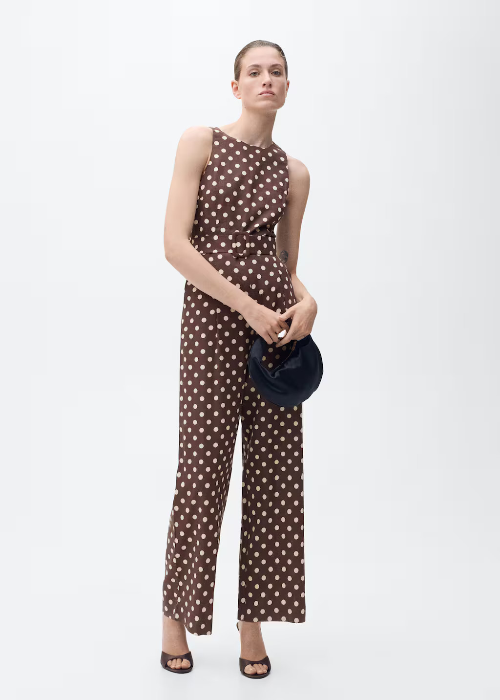 Linen jumpsuit with polka-dots and belt chocolate - Women - M - MANGO | Mango (US/MX/AU)