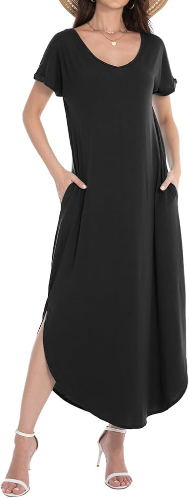 Matchstick Long Maxi Dresses for Women V-Neck Casual Loose Short Sleeve Sundress with Side Split ... | Amazon (US)
